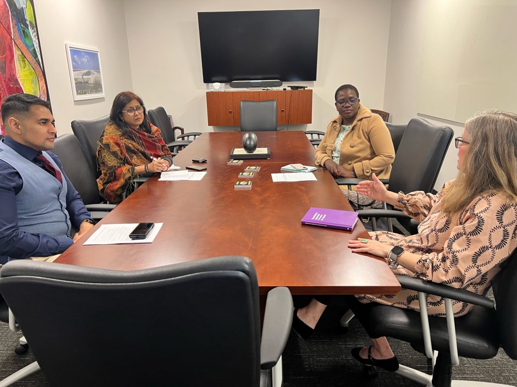 MU Undergraduate Dean of the College of Arts and Science Dr. Nicole Monnier sits down with UWC delegation to discuss lessons learned in academic advising at the largest academic college at MU on Feb. 20, 2023. (From left to right: Shaikjee, Pather, Booi, MU A&S Undergraduate Dean Dr. Nicole Monnier.)
