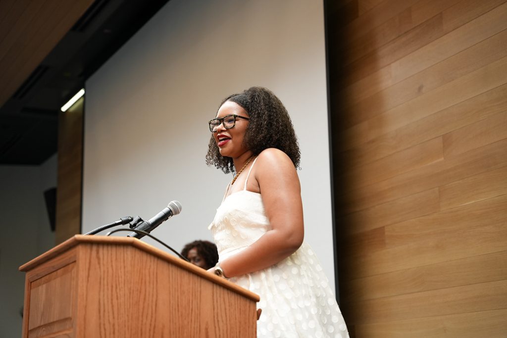 Diversity Scholar Jordan Walters explains her future plans to the crowd as a soon-to-be graduate of Trulaske College of Business. (CASE photos/Braiden Wade)
